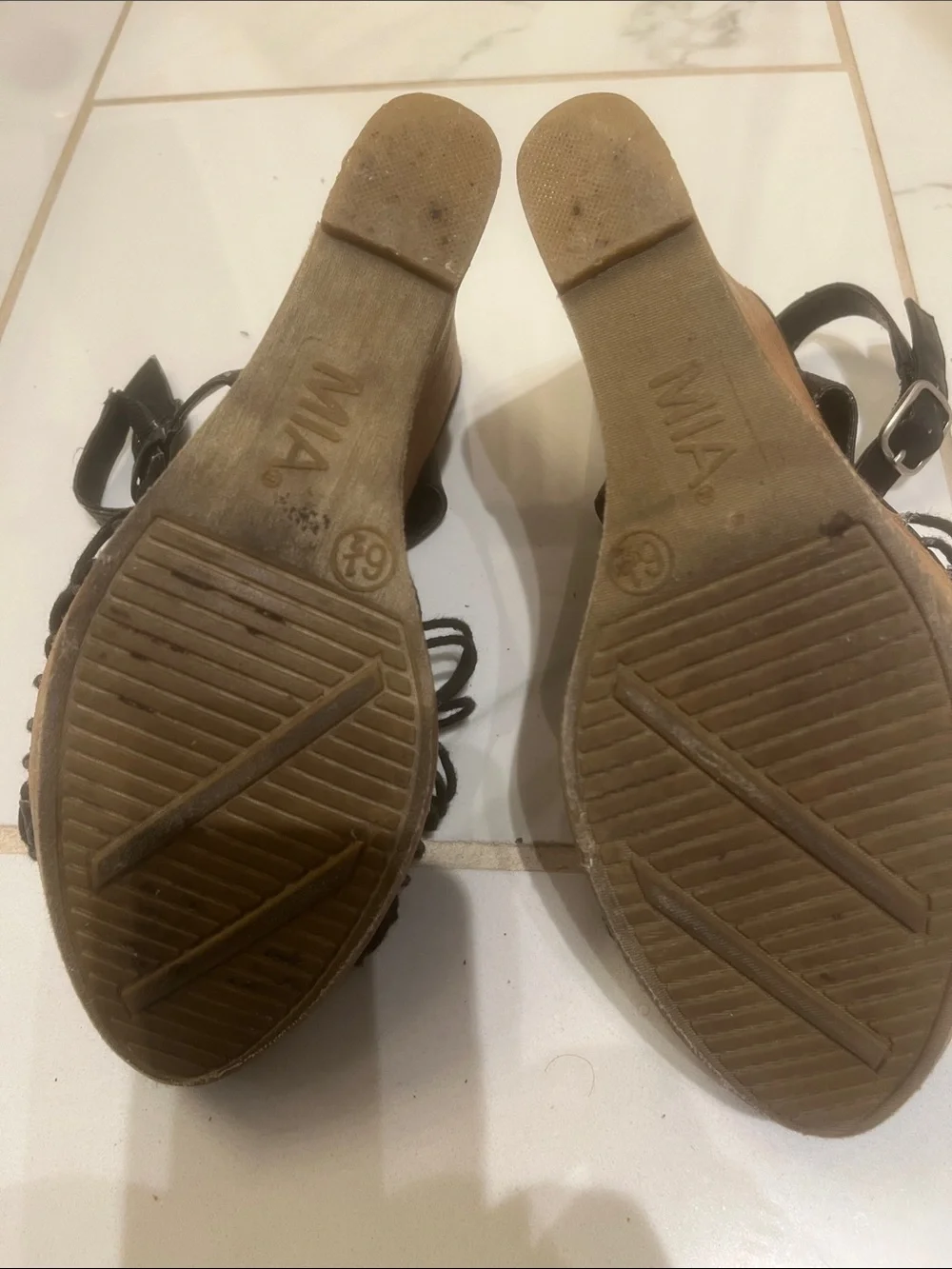 MIA Black Woven Rope Slingback Wedges with Brown Stack Heel